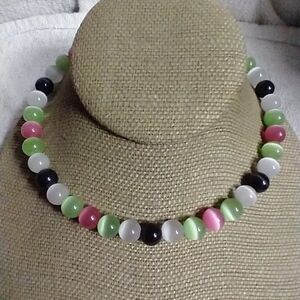 Multi color cats eye choker collar necklace pink green white black 15 inches